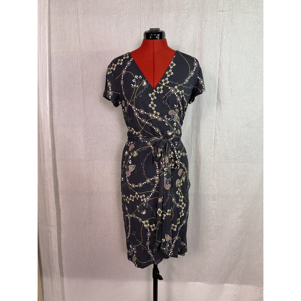 Women's Loft Wrap Floral Dress Size Small Black Gold Midi Summer D755